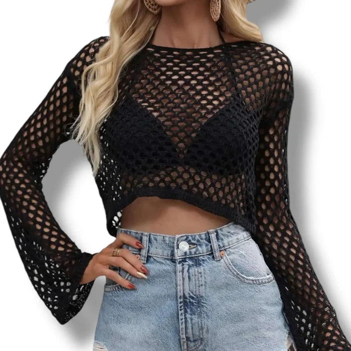 Black Hollow Out Bell Sleeve Knit Crop Top Semi Sheer Mesh Crop Top