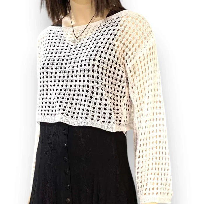 Hollow Out Bell Sleeve Knit Crop Top white mesh crop top relaxed fit