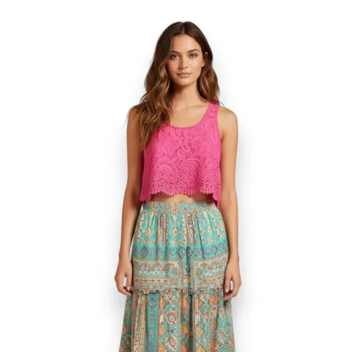Pink Floral Lace Cropped Tank Top - Women’s Tank Tops/ L or XL