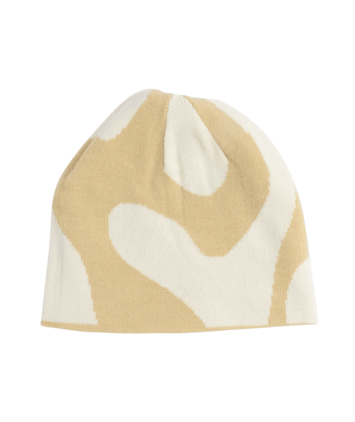 Beige and white patterned beanie on a transparent background