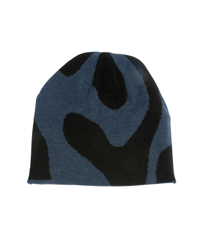 Blue and black patterned beanie on a transparent background