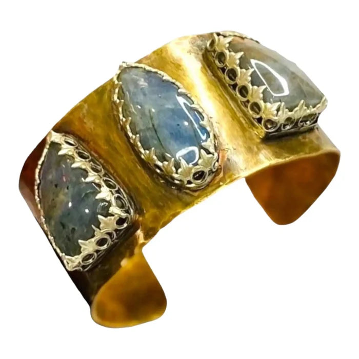 Huge Labradorite Triple Stone Cuff with electric labradorescence, sterling bezels, and hammered brass wide band