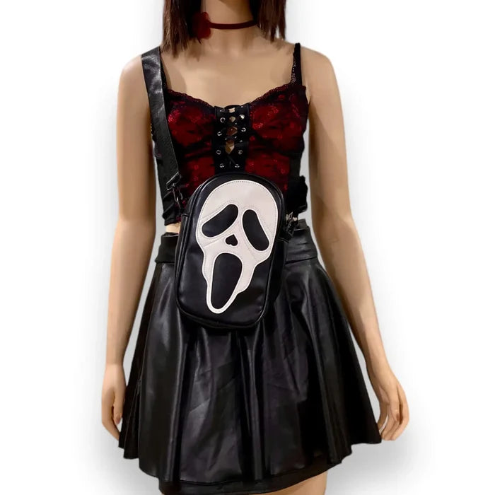 iconic ghost face crossbody bag black and white gothic punk horror fashion accessory