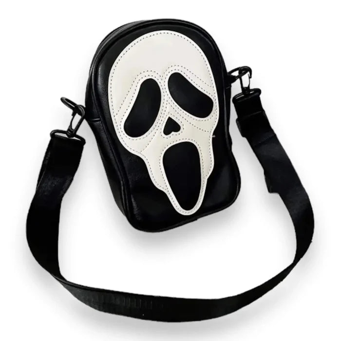 iconic ghost face crossbody bag black and white gothic punk horror fashion accessory