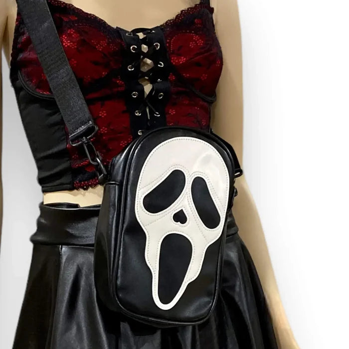 iconic ghost face crossbody bag black and white gothic punk horror fashion accessory