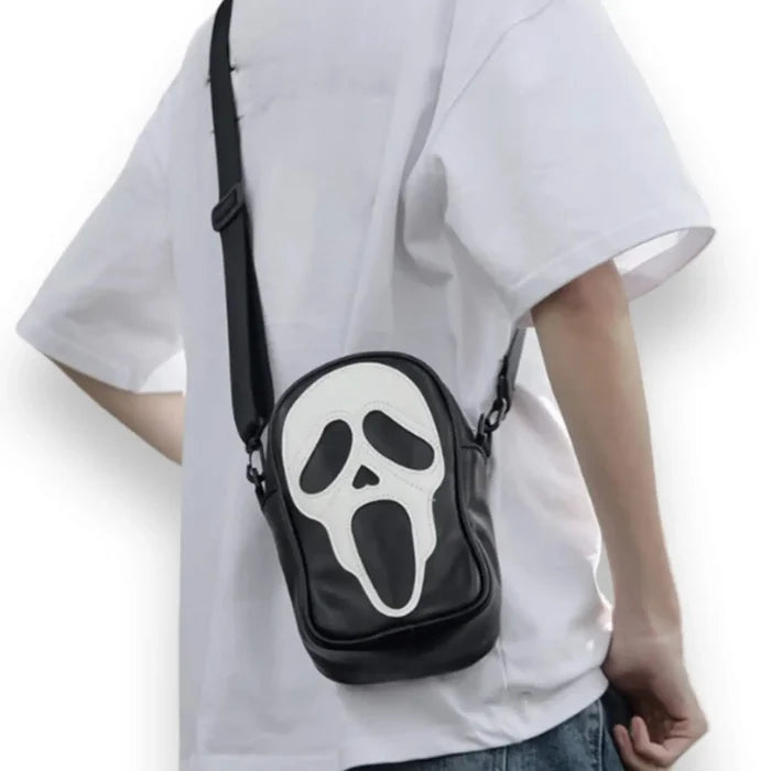 iconic ghost face crossbody bag black and white gothic punk horror fashion accessory