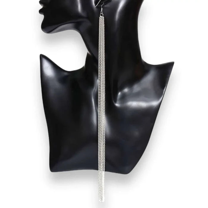 Industrial silver ultra long tassel earrings with layered chain dangles lightweight statement earrings