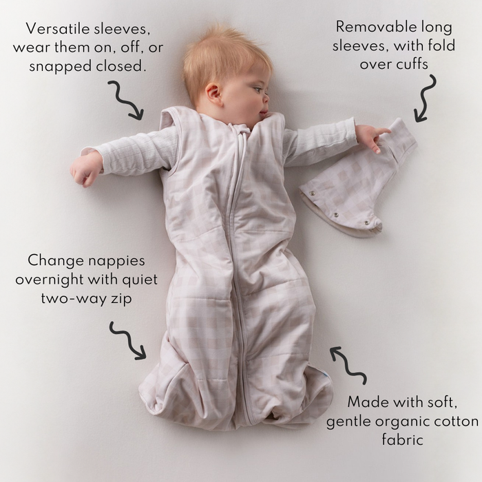 Close-up of removeable sleeves on the Sleepybelly Baby Sleeping Bag, showing how to remove sleeves to convert into a sleeveless summer sleep sack.