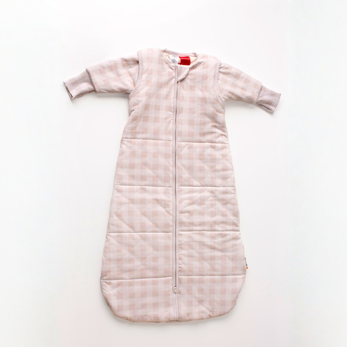 Linen grey gingham infant sleep sack with detachable sleeves attached, laid flat