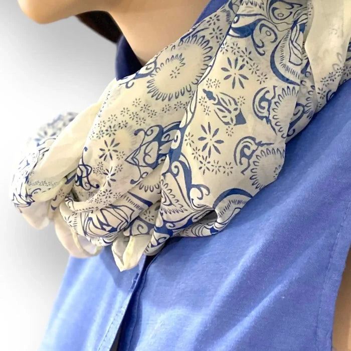 Blue Floral Print Long Scarf neck wrap, waist sash, headscarf, and more one size