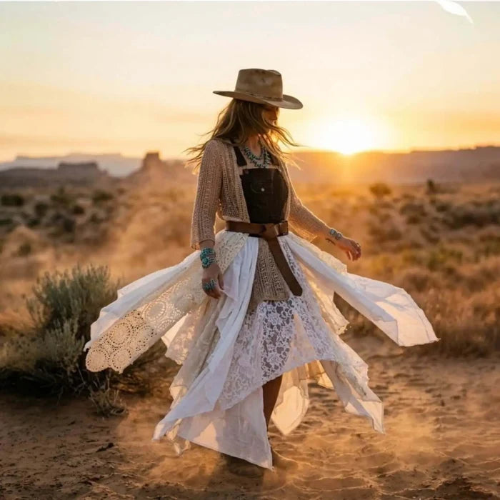 Ivory Lace & Mesh Linen Hi-Low Duster Jacket woman wearing in the desert with overall dress cinched waist