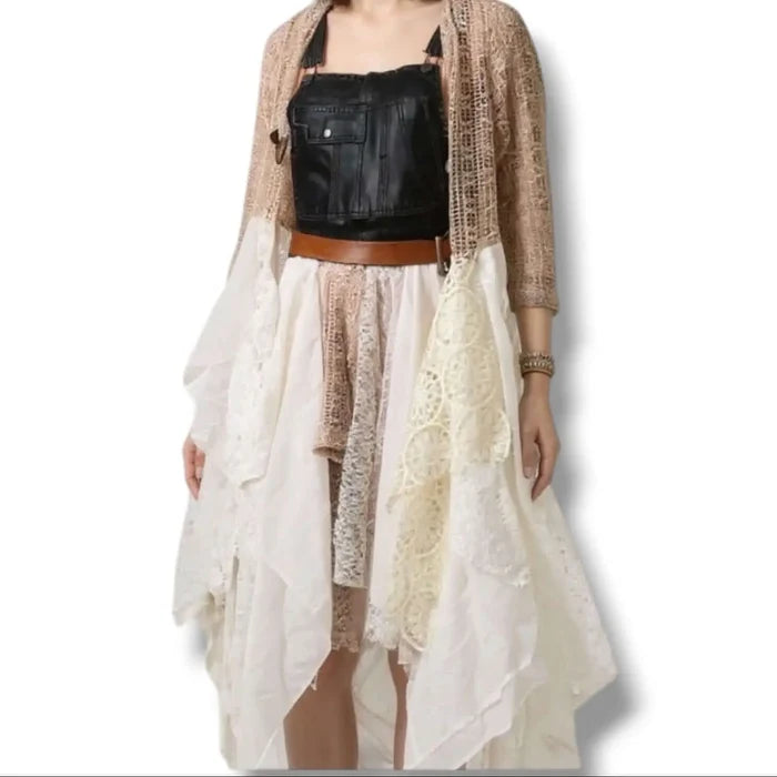 Ivory Lace & Mesh Linen Hi-Low Duster Jacket worn with overall matching dress