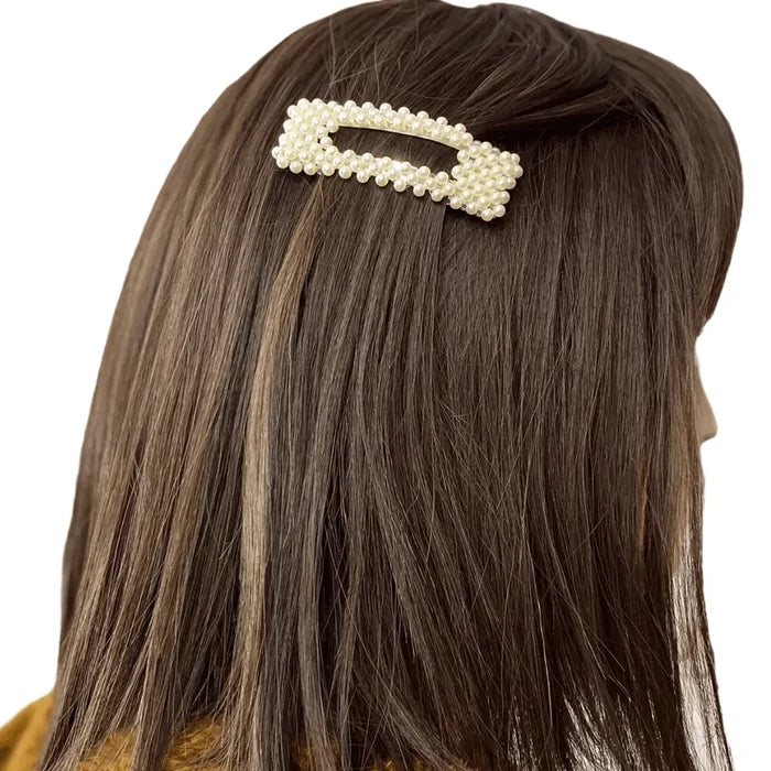 set of 3 ivory pearl beaded oversized rectangle hair clips with silver snap closure faux ivory pearls elegant hair accessories
