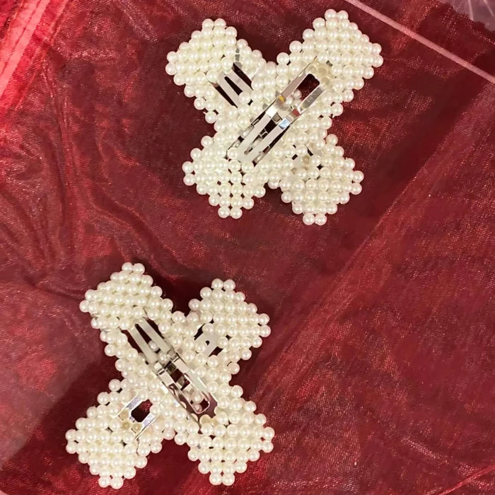 set of 3 ivory pearl beaded oversized rectangle hair clips with silver snap closure faux ivory pearls elegant hair accessories