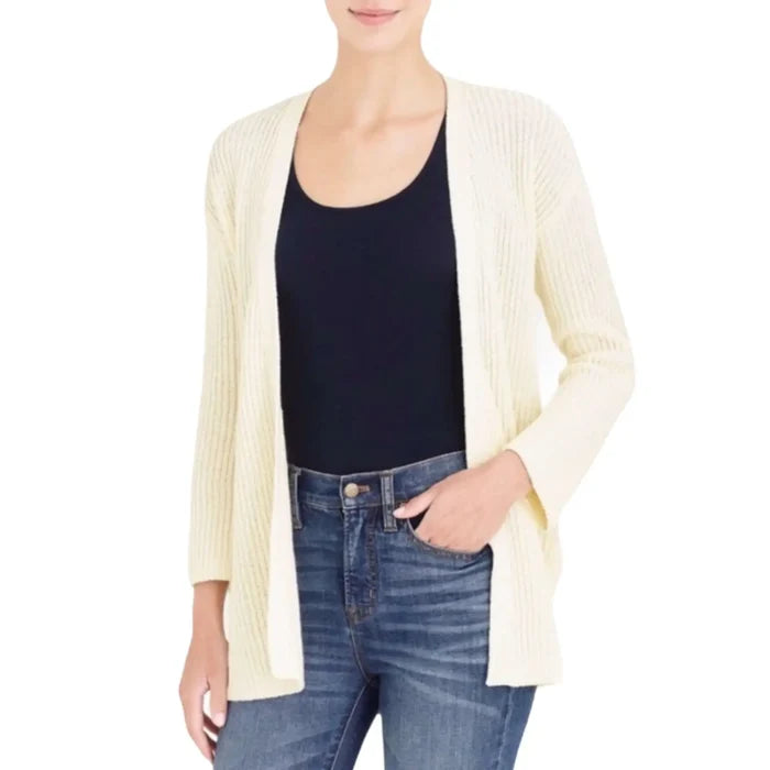 Ivory rib knit mid length cardigan sweater with open front, long sleeves, and split-side hem in 100% cotton, women’s size small
