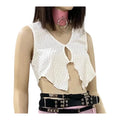 ivory sleeveless v neck crop top with cut-out detail on model front view