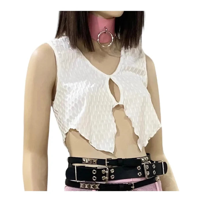 ivory sleeveless v neck crop top with cut-out detail on model front view