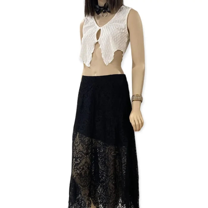 ivory sleeveless v neck crop top with cut-out detail front view
