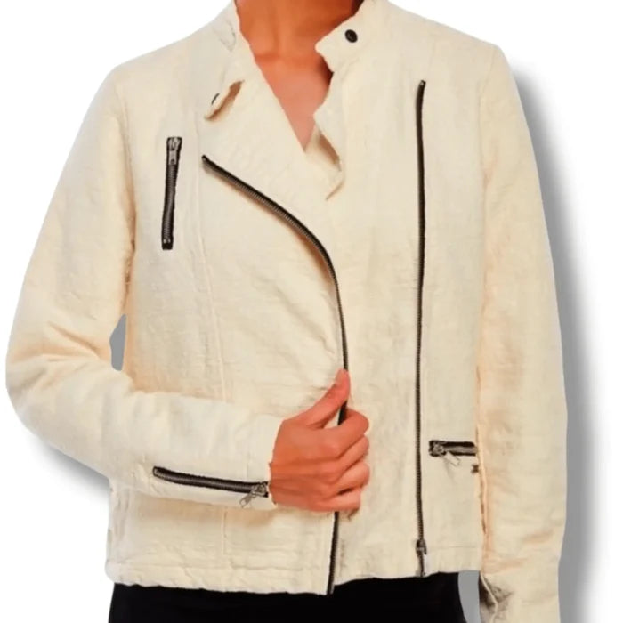 Ivory Textured Biker Jacket with black zipper accents, asymmetric moto front, snap collar, and palm print lining – edgy women's mid weight cotton jacket.