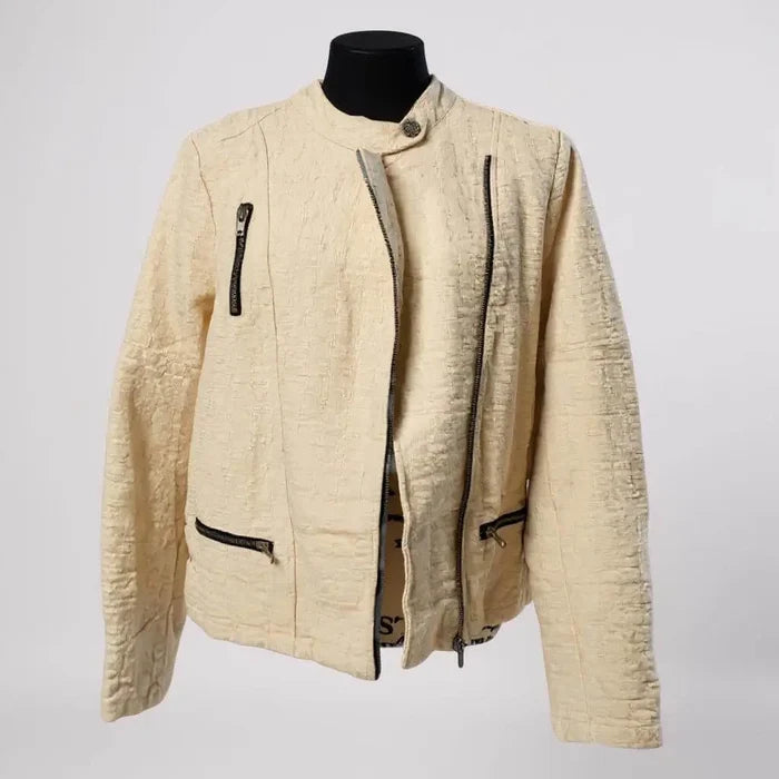 Ivory Textured Biker Jacket with black zipper accents, asymmetric moto front, snap collar, and palm print lining – edgy women's mid weight cotton jacket.