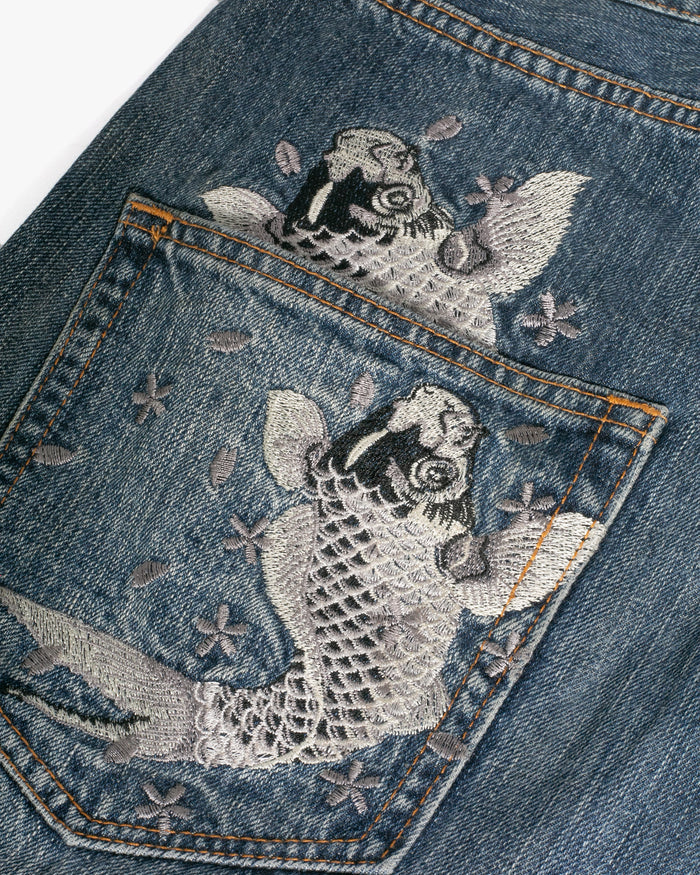 Japanese Repro Denim Jeans, Ann Do, Embroidered Koi and Floral Lining - 38"