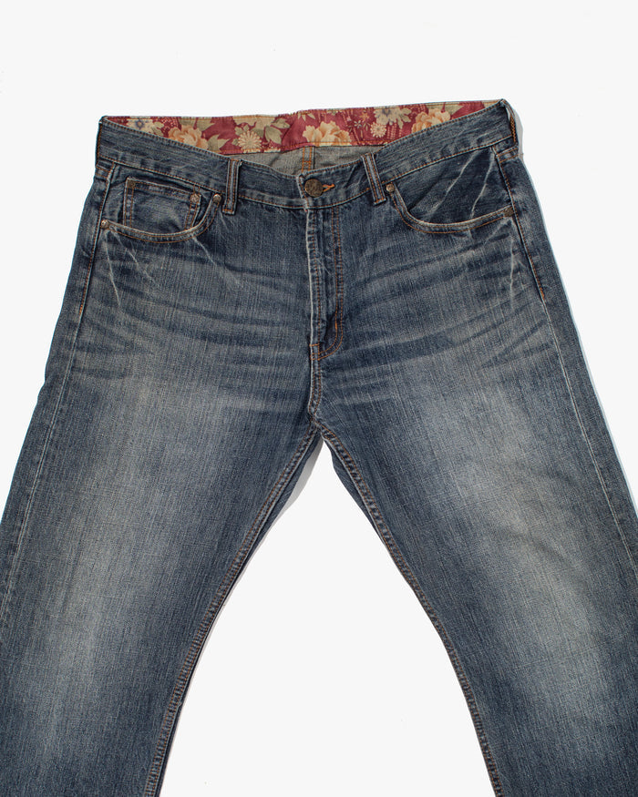 Japanese Repro Denim Jeans, Ann Do, Embroidered Koi and Floral Lining - 38"