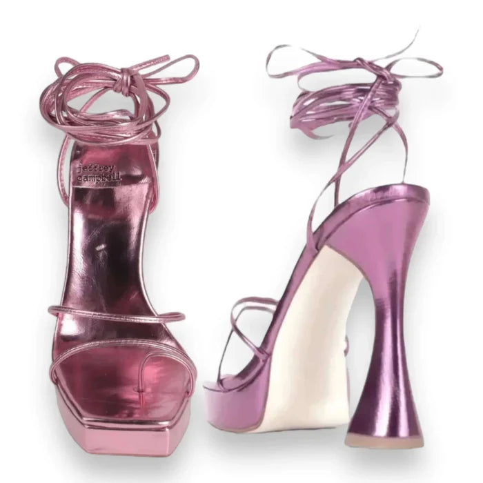 Jeffrey Campbell Metallic Pink Primadonna Heels open toe platform ankle wrap heels with toe loop and 5 inch sculptural flared heel