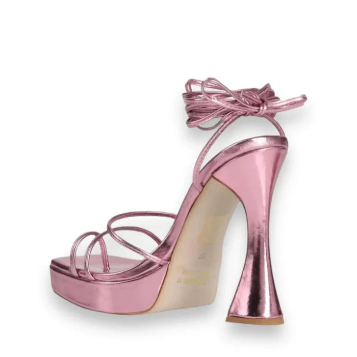 Jeffrey Campbell Metallic Pink Primadonna Heels open toe platform ankle wrap heels with toe loop and 5 inch sculptural flared heel
