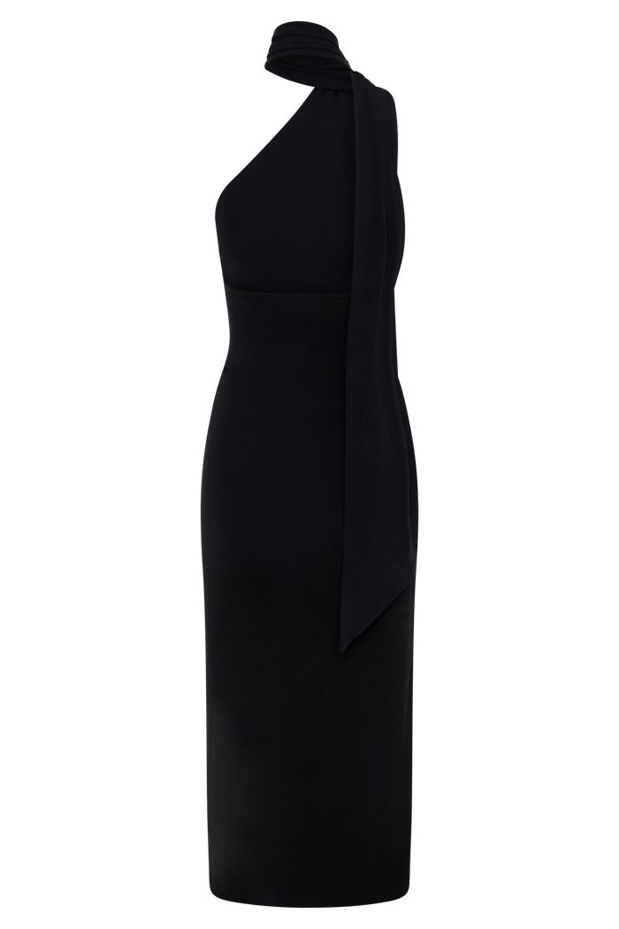 Jemma One Shoulder Tie Midi Dress - Black