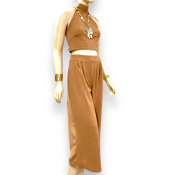 Khaki Tan Crop Top & Wide Leg Pants Outfit