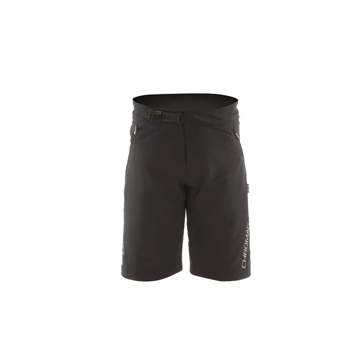Black shorts with a brand logo on a white background