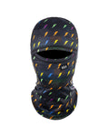 Black balaclava with colorful lightning bolt pattern on a white background