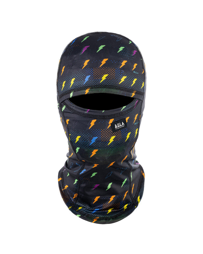 Black balaclava with colorful lightning bolt pattern on a white background