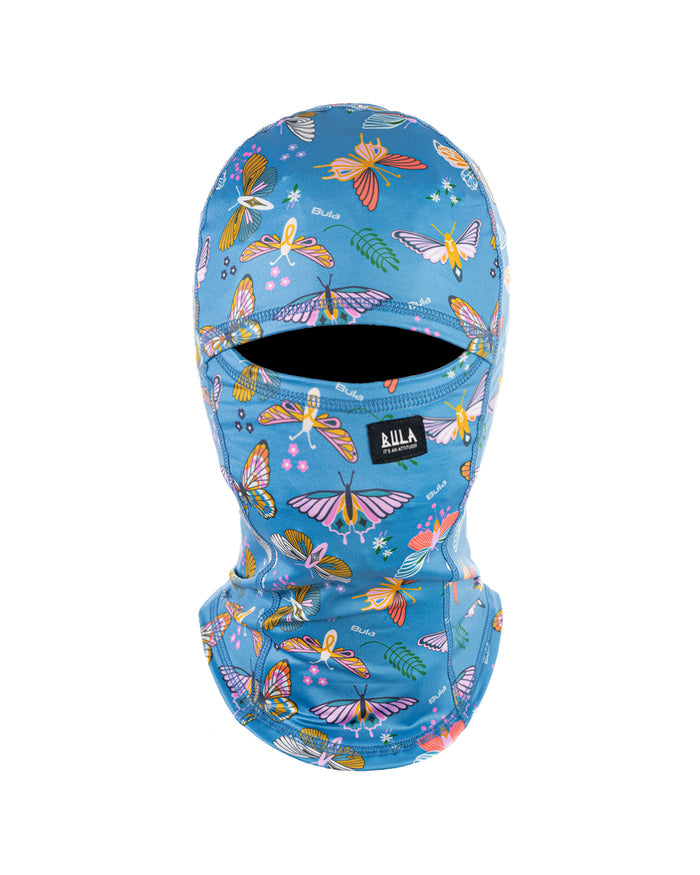 Blue balaclava with butterfly pattern on a white background
