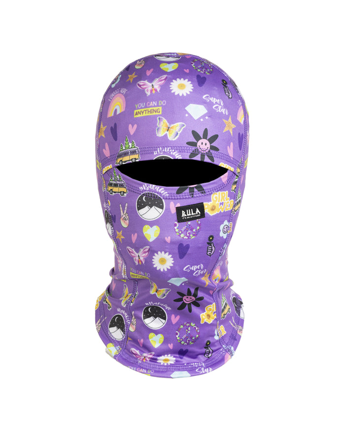 Purple balaclava with colorful patterns on a white background