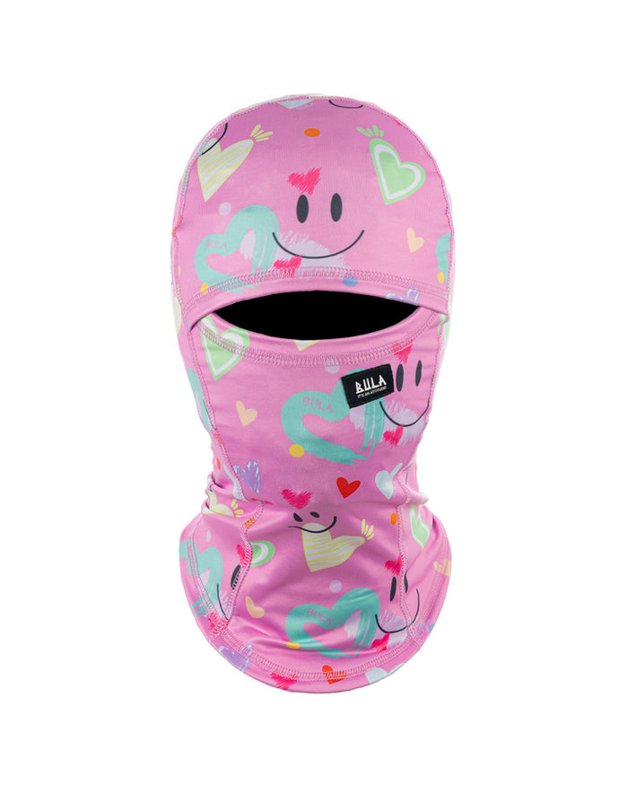 Pink children's balaclava with cartoon designs on a white background