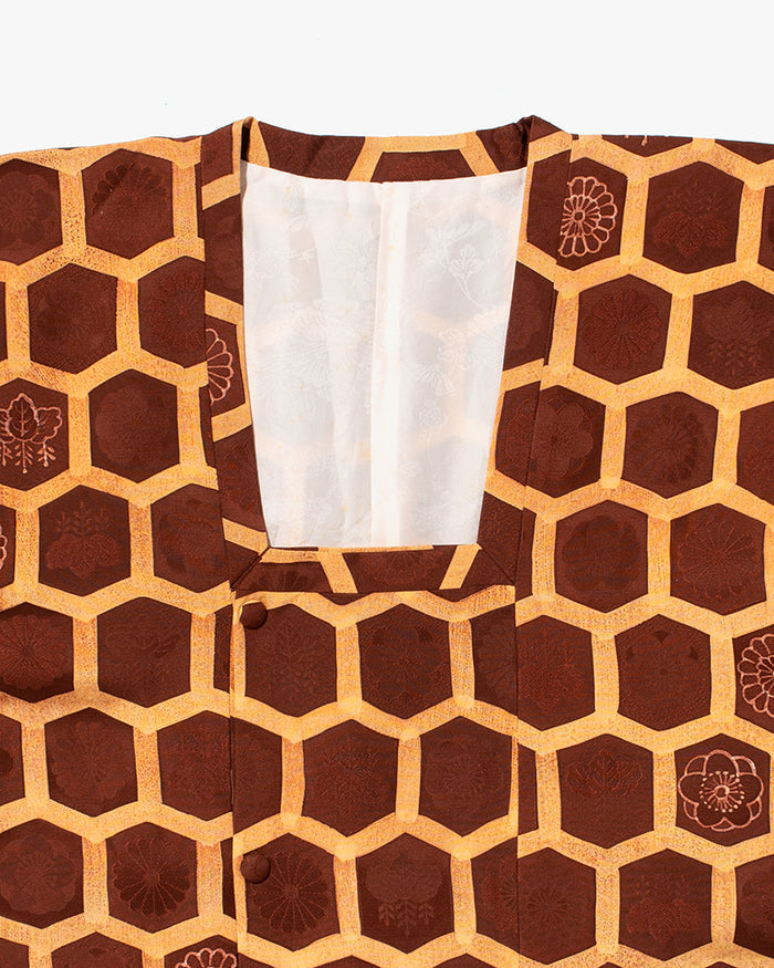Kiriko Custom, Altered Kimono Jacket, Brown Honeycomb Pattern with Flowers