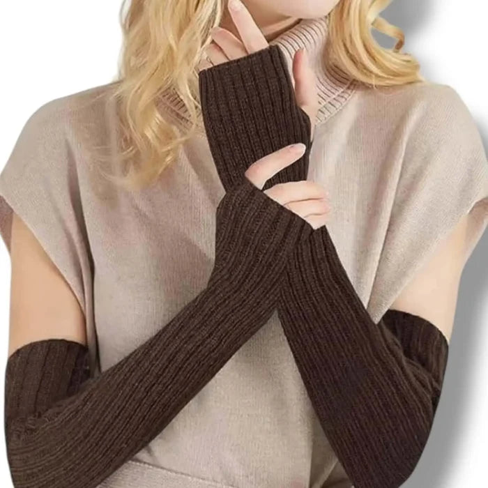 Knitted Long Arm Warmers Gloves — dark brown or black rib knit long fingerless arm warmers with thumb hole, 19.5" length