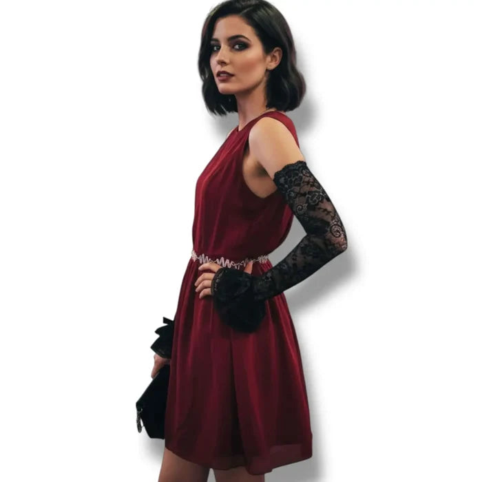 Model wearing Black Lace Ruffle Arm Covers Extra Long Sleeves /one size fits most