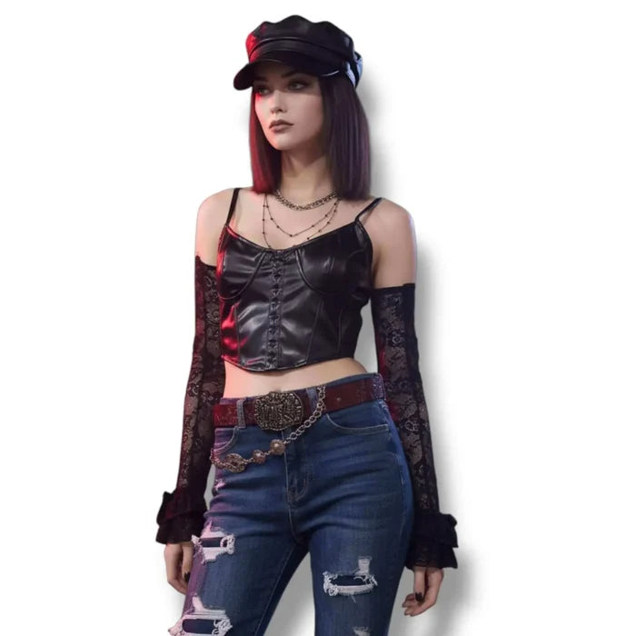 Model wearing Black Lace Ruffle Arm Covers Extra Long Sleeves /one size fits most