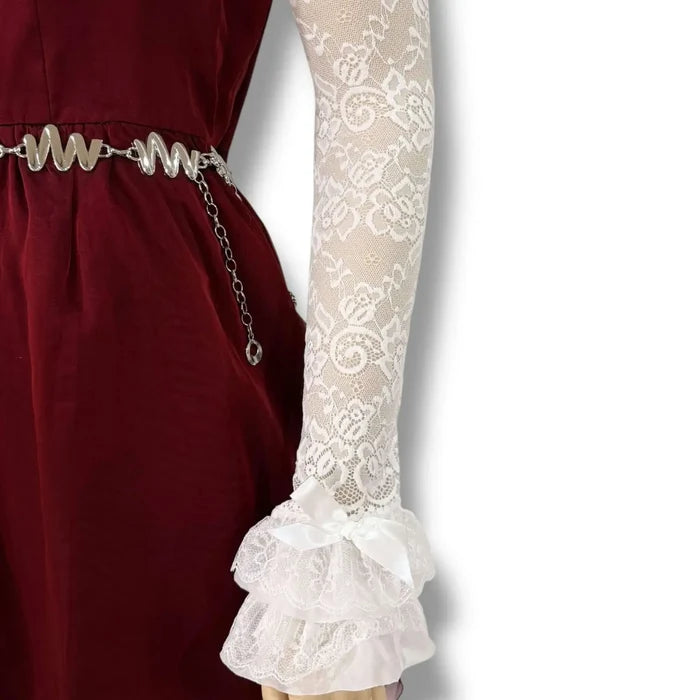 Model wearing White Lace Ruffle Arm Covers Extra Long Sleeves /one size fits most belt.