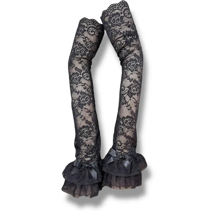 Black Lace Ruffle Arm Covers Extra Long Sleeves /one size fits most