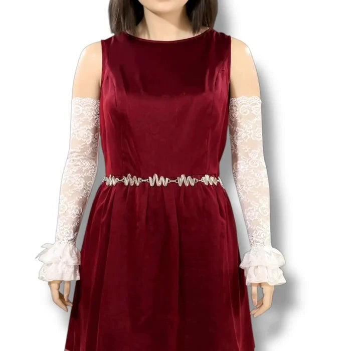 Model wearing White Lace Ruffle Arm Covers Extra Long Sleeves /one size fits most alternative