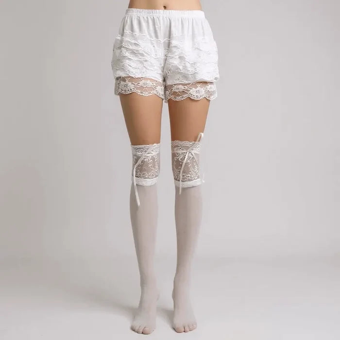 white Lace Ruffle Bloomers Shorts with white knee socks