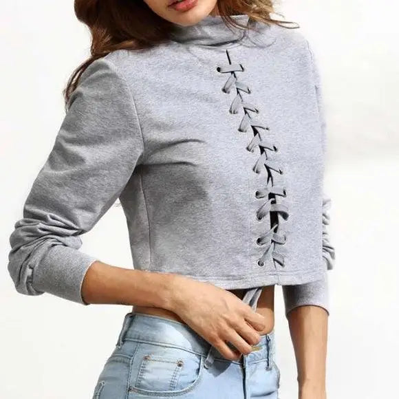 Lace Up Sweatshirt Crop Top - Wild Time Fashion