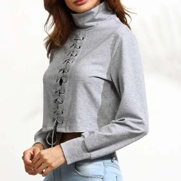 Lace Up Sweatshirt Crop Top - Wild Time Fashion