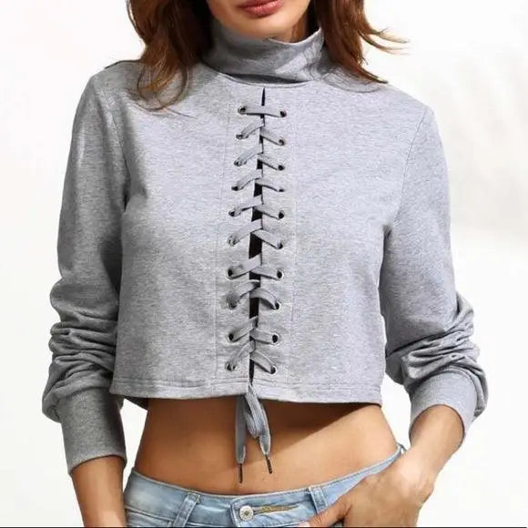 Lace Up Sweatshirt Crop Top - Wild Time Fashion