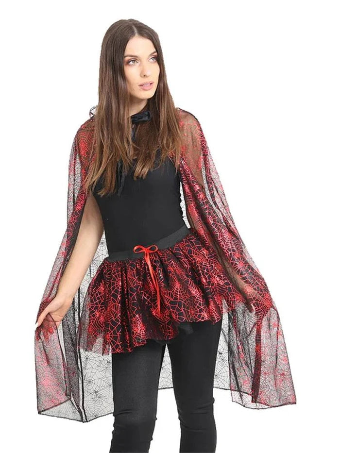 Ladies Halloween Fancy Dress Red Spider Web Cape - thefancydress.co.uk