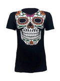 Ladies Horror Mexican Skull Printed Black T-Shirt - thefancydress.co.uk