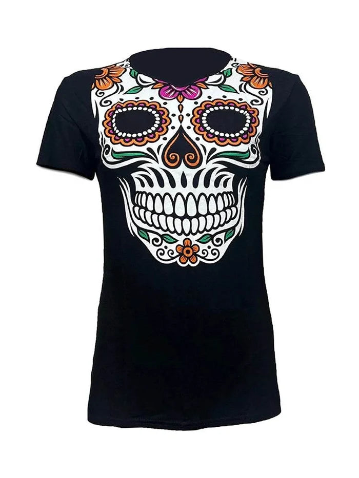 Ladies Horror Mexican Skull Printed Black T-Shirt - thefancydress.co.uk